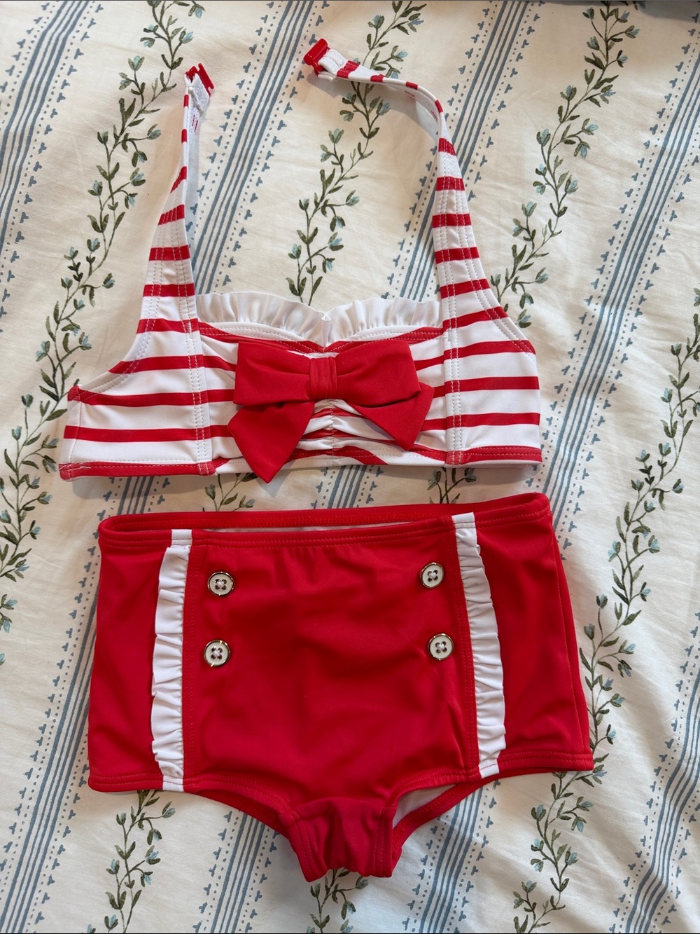 Janie and Jack Red and White Striped Bow Two-Piece Swim Set